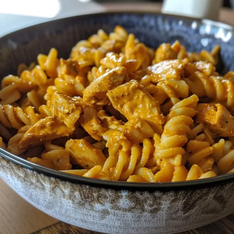 ['Close-up view of a creamy chicken curry pasta dish with colorful ingredients.', 'Side view of penne pasta mixed with chicken in a rich curry sauce, garnished with herbs.', 'Juicy pieces of chicken and pasta coated in a vibrant yellow curry sauce.', 'Tantalizing chicken curry pasta served in a bowl, showcasing creamy texture and spices.']