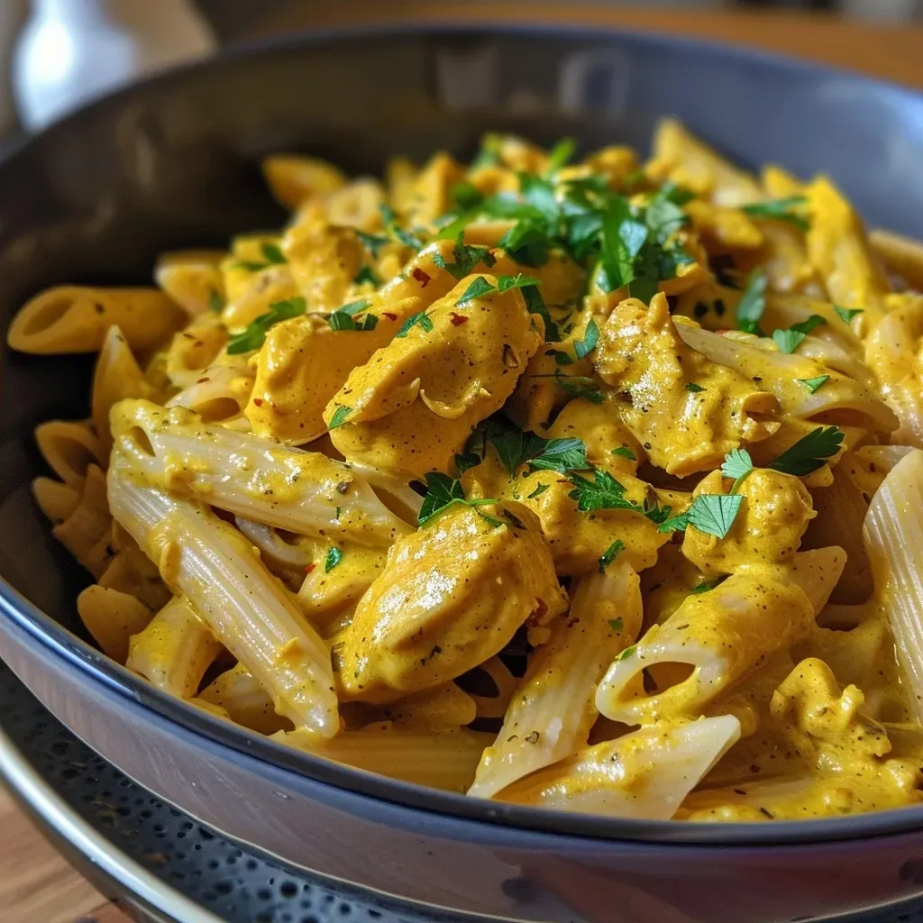 ['Close-up view of a creamy chicken curry pasta dish with colorful ingredients.', 'Side view of penne pasta mixed with chicken in a rich curry sauce, garnished with herbs.', 'Juicy pieces of chicken and pasta coated in a vibrant yellow curry sauce.', 'Tantalizing chicken curry pasta served in a bowl, showcasing creamy texture and spices.']