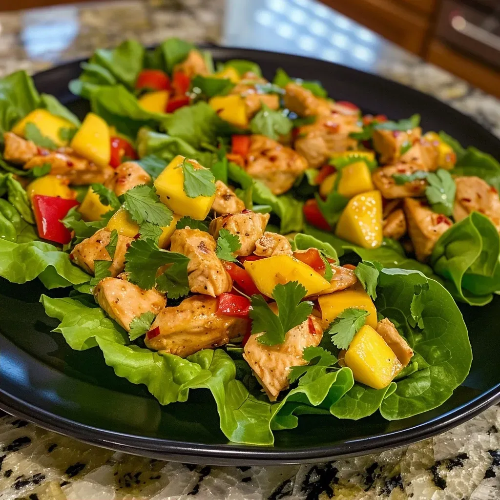 ['Close-up of Chicken Mango Lettuce Wraps with vibrant ingredients including diced mango and red bell pepper.', 'Juicy Chicken Mango Lettuce Wraps arranged on a plate, showcasing fresh herbs and crisp lettuce.', 'Side view of a delicious Chicken Mango Lettuce Wrap, highlighting the colorful filling and lettuce cup.', 'Freshly made Chicken Mango Lettuce Wraps filled with chicken, mango, and vegetables, ready to eat.']