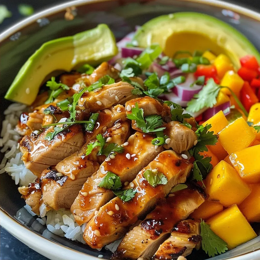 ['A vibrant chicken mango rice bowl featuring juicy chicken, diced mango, and fresh vegetables.', 'Close-up of a colorful rice bowl with chicken, mango, and garnishes, served in a white bowl.', 'A delicious bowl filled with chicken, mango, rice, and assorted veggies, showcasing bright colors.', 'A side view of a chicken mango rice bowl, highlighting the juicy chicken and fresh mango pieces.']