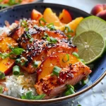 ['Close-up of a bowl featuring Chili Crisp Peach Salmon with rice and peach slices.', 'Side view of a vibrant Chili Crisp Peach Salmon Bowl with garnishes and cooked rice.', 'Colorful plate of salmon, peaches, and rice topped with chili crisp, ready to eat.', 'Delicious Chili Crisp Peach Salmon Bowl showcasing seared salmon and fresh peach wedges.']