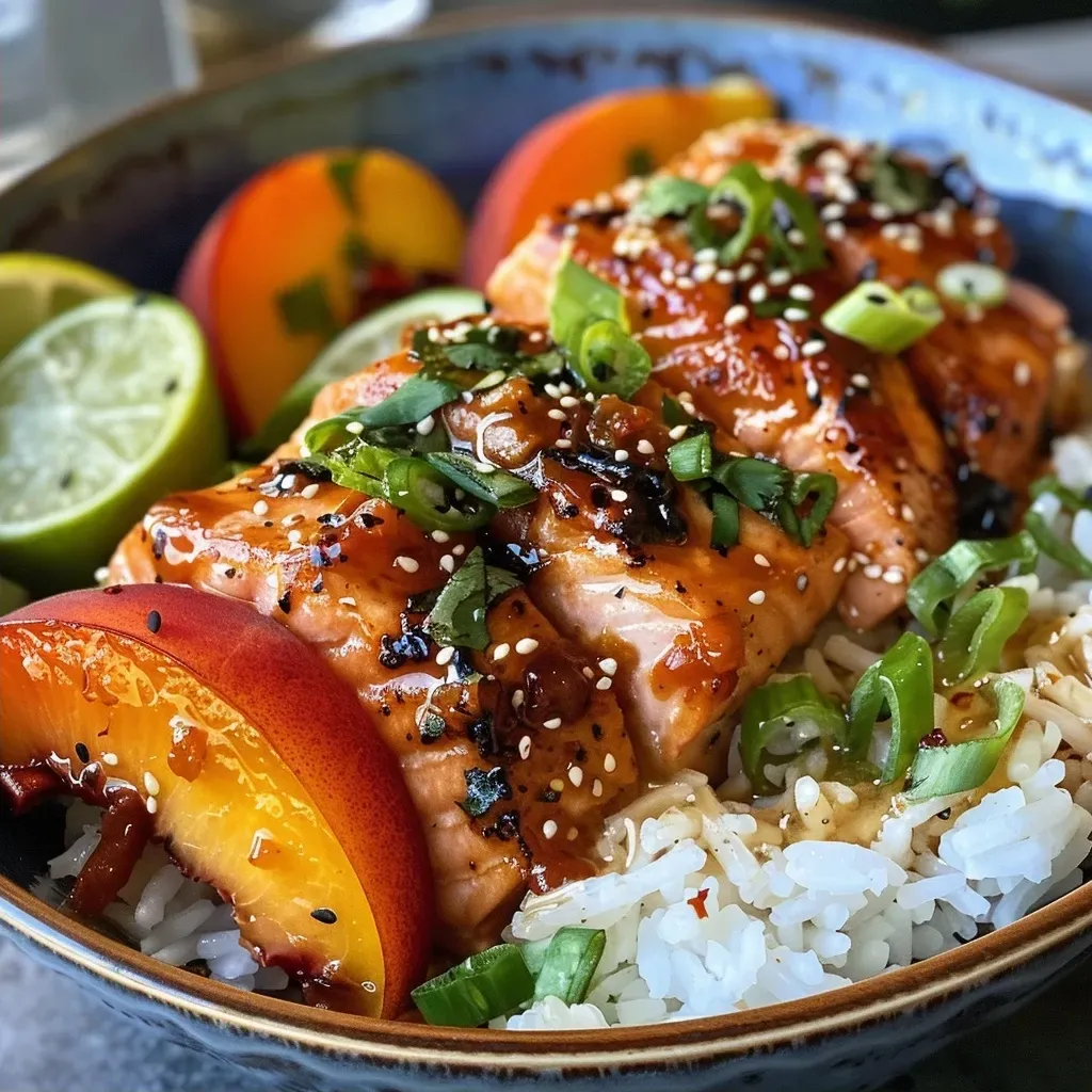 ['Close-up of a bowl featuring Chili Crisp Peach Salmon with rice and peach slices.', 'Side view of a vibrant Chili Crisp Peach Salmon Bowl with garnishes and cooked rice.', 'Colorful plate of salmon, peaches, and rice topped with chili crisp, ready to eat.', 'Delicious Chili Crisp Peach Salmon Bowl showcasing seared salmon and fresh peach wedges.']