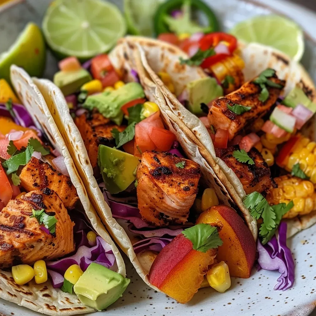 ['Close-up view of Chipotle Lime Salmon Tacos garnished with avocado peach salsa.', 'Juicy salmon tacos served on soft corn tortillas with vibrant corn avocado peach salsa.', 'Side view of mouth-watering Chipotle Lime Salmon Tacos topped with cilantro yogurt sauce.', 'Colorful presentation of tacos filled with salmon, corn avocado peach salsa, and fresh ingredients.']