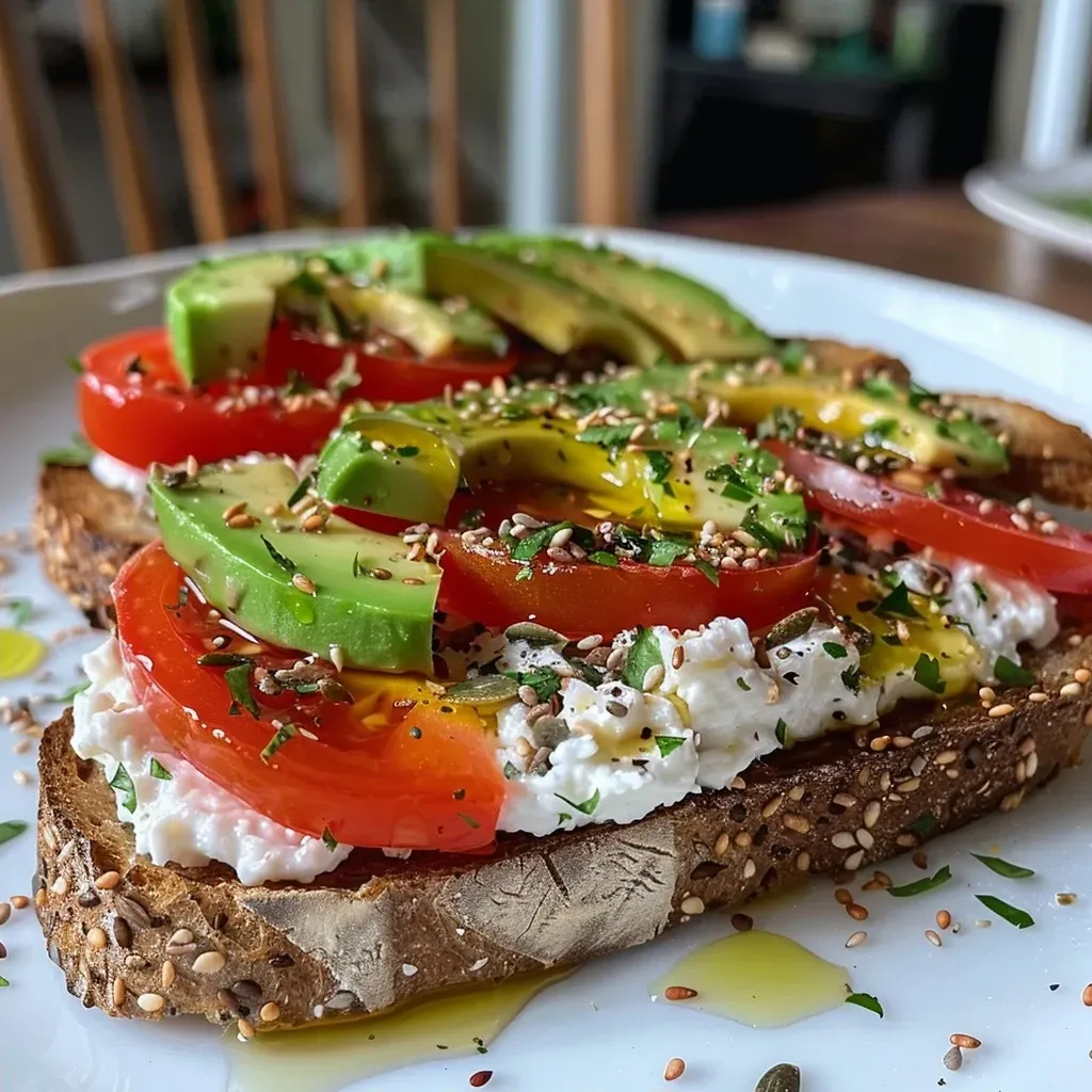 ['A close-up side view of a slice of whole grain toast topped with cottage cheese, drizzled with honey, and garnished with fresh berries.', 'A delicious slice of sourdough bread featuring cottage cheese, enhanced with a drizzle of olive oil and sprinkled with herbs.', 'A rustic toast showcasing creamy cottage cheese, garnished with sliced avocado and a sprinkle of salt and pepper.', 'A vibrant piece of toast topped with cottage cheese and colorful toppings like tomatoes and seeds, presented in a close-up shot.']