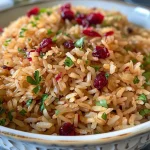 ['Close-up view of cranberry seasoned rice in a bowl, showcasing vibrant colors and textures.', 'Side view of fluffy jasmine rice mixed with cranberries and garnished with parsley.', 'Juicy cranberry seasoned rice displayed in a bowl with visible dried cranberries and herbs.', 'A detailed look at rice with cranberries and herbs in a well-lit setting.']