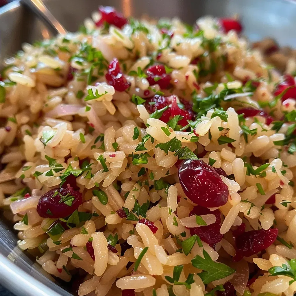 ['Close-up view of cranberry seasoned rice in a bowl, showcasing vibrant colors and textures.', 'Side view of fluffy jasmine rice mixed with cranberries and garnished with parsley.', 'Juicy cranberry seasoned rice displayed in a bowl with visible dried cranberries and herbs.', 'A detailed look at rice with cranberries and herbs in a well-lit setting.']