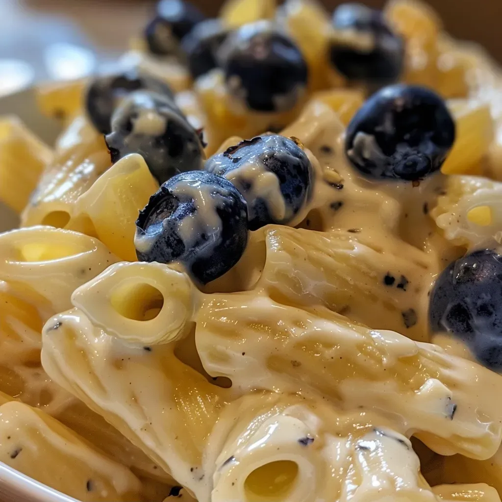 ['Close-up view of creamy blueberry pasta with fresh blueberries and sauce.', 'Side view of pasta dish topped with blueberries and creamy sauce.', 'Juicy blueberries mixed with pasta in a creamy cheese sauce.', 'Detailed shot of pasta garnished with fresh blueberries and creamy texture.']