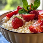 ['Close-up view of creamy strawberry rice pudding with fresh strawberry slices on top.', 'Side view of a bowl filled with creamy strawberry rice pudding, adorned with vibrant strawberries.', 'Creamy rice pudding made with strawberries, displayed in a bowl with a rich texture.', 'A delicious serving of strawberry rice pudding, showcasing its creamy consistency and fresh fruit.']