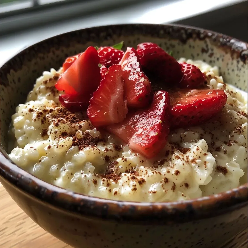 ['Close-up view of creamy strawberry rice pudding with fresh strawberry slices on top.', 'Side view of a bowl filled with creamy strawberry rice pudding, adorned with vibrant strawberries.', 'Creamy rice pudding made with strawberries, displayed in a bowl with a rich texture.', 'A delicious serving of strawberry rice pudding, showcasing its creamy consistency and fresh fruit.']