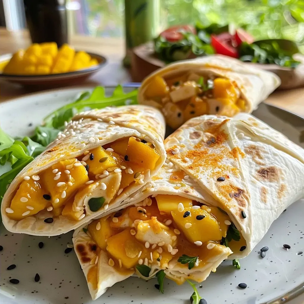 ['A close-up side view of a crispy mango wrap, showcasing vibrant layers of ingredients.', 'Juicy crispy mango wrap filled with colorful ingredients, photographed from the side.', 'Crispy mango wrap with visible fillings, displayed in a close-up side angle.', 'A detailed side view of a delicious mango wrap, emphasizing its crispy texture and fresh ingredients.']