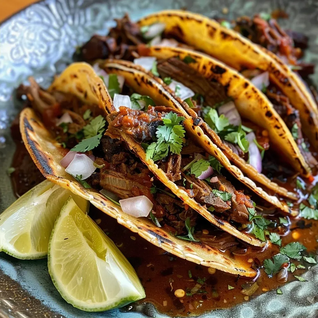 ['Juicy Crock Pot Birria Tacos garnished with cilantro and diced onion, served on a plate.', 'Close-up view of tender beef chuck roast tacos with vibrant toppings and lime wedges.', 'Appetizing shot of crispy corn tortillas filled with succulent Birria beef and fresh garnishes.', 'Deliciously arranged Birria Tacos, showcasing the rich filling and colorful toppings.']