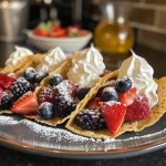 ['Close-up view of dessert tacos filled with mixed berries and cheesecake.', 'Delicious dessert tacos featuring colorful mixed berries and a creamy filling.', 'Side view of dessert tacos showcasing vibrant berries and a velvety cheesecake mixture.', 'Tasty dessert tacos with a rich cheesecake filling and fresh berries displayed attractively.']