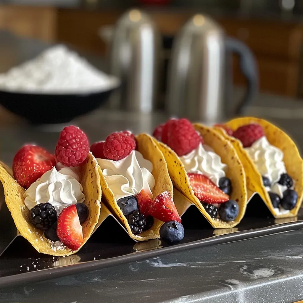 ['Close-up view of dessert tacos filled with mixed berries and cheesecake.', 'Delicious dessert tacos featuring colorful mixed berries and a creamy filling.', 'Side view of dessert tacos showcasing vibrant berries and a velvety cheesecake mixture.', 'Tasty dessert tacos with a rich cheesecake filling and fresh berries displayed attractively.']
