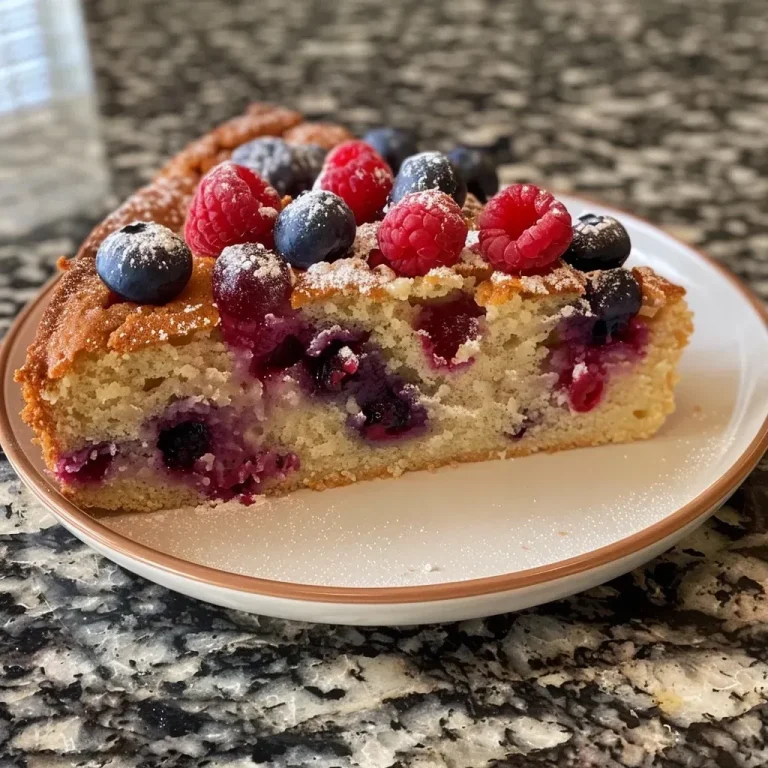['Close-up side view of a slice of Easy Berry Cake, highlighting mixed berries on top.', 'Juicy Easy Berry Cake slice with a buttery crust and vibrant blueberries and raspberries.', 'Side view photo of a delicious slice of Easy Berry Cake, dripping with berry juices.', 'A delectable slice of berry cake showcasing blueberries and raspberries on a creamy layer.']