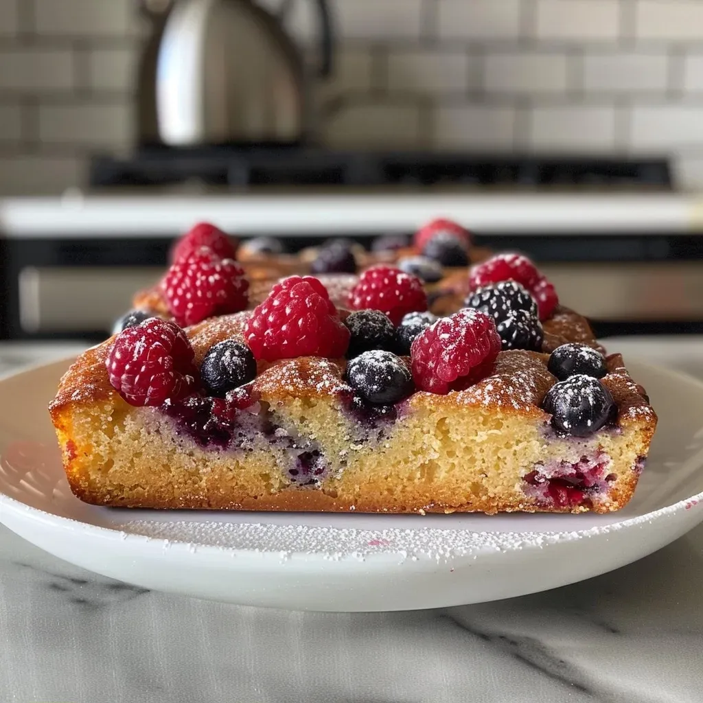 ['Close-up side view of a slice of Easy Berry Cake, highlighting mixed berries on top.', 'Juicy Easy Berry Cake slice with a buttery crust and vibrant blueberries and raspberries.', 'Side view photo of a delicious slice of Easy Berry Cake, dripping with berry juices.', 'A delectable slice of berry cake showcasing blueberries and raspberries on a creamy layer.']