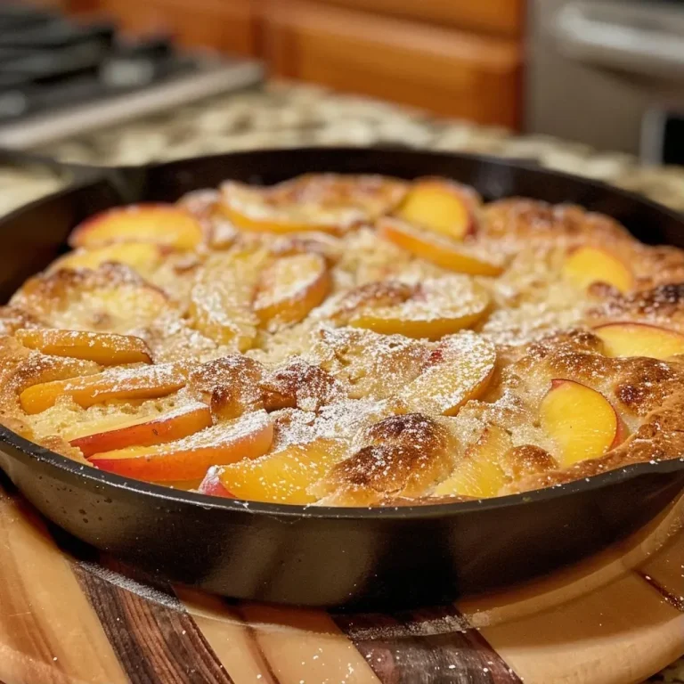 ['Side view of a slice of peach clafouti in a cast iron skillet.', 'Close-up of Easy Cast Iron Peach Clafouti with juicy peach slices.', 'Freshly baked peach clafouti displayed in a cast iron pan.', 'Delicious peach clafouti garnished with sliced peaches in a skillet.']