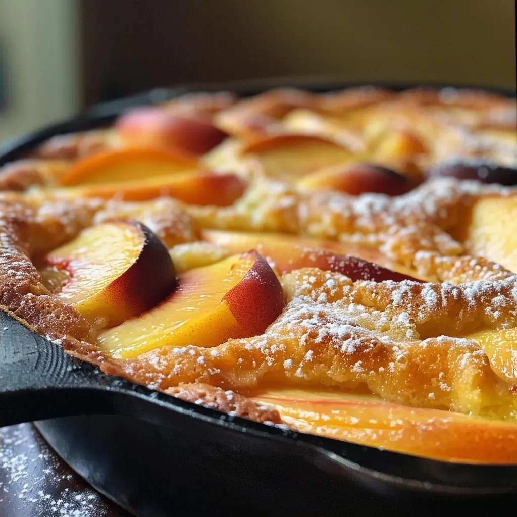 ['Side view of a slice of peach clafouti in a cast iron skillet.', 'Close-up of Easy Cast Iron Peach Clafouti with juicy peach slices.', 'Freshly baked peach clafouti displayed in a cast iron pan.', 'Delicious peach clafouti garnished with sliced peaches in a skillet.']