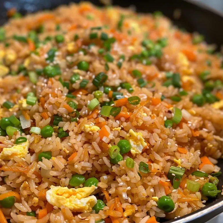 ['Close-up view of delicious fried rice featuring vegetables and eggs.', 'A side view of vibrant fried rice with peas, carrots, and green onions.', 'Juicy fried rice made with colorful ingredients, photographed from the side.', 'Detailed image of easy fried rice served in a bowl, showcasing its texture.']