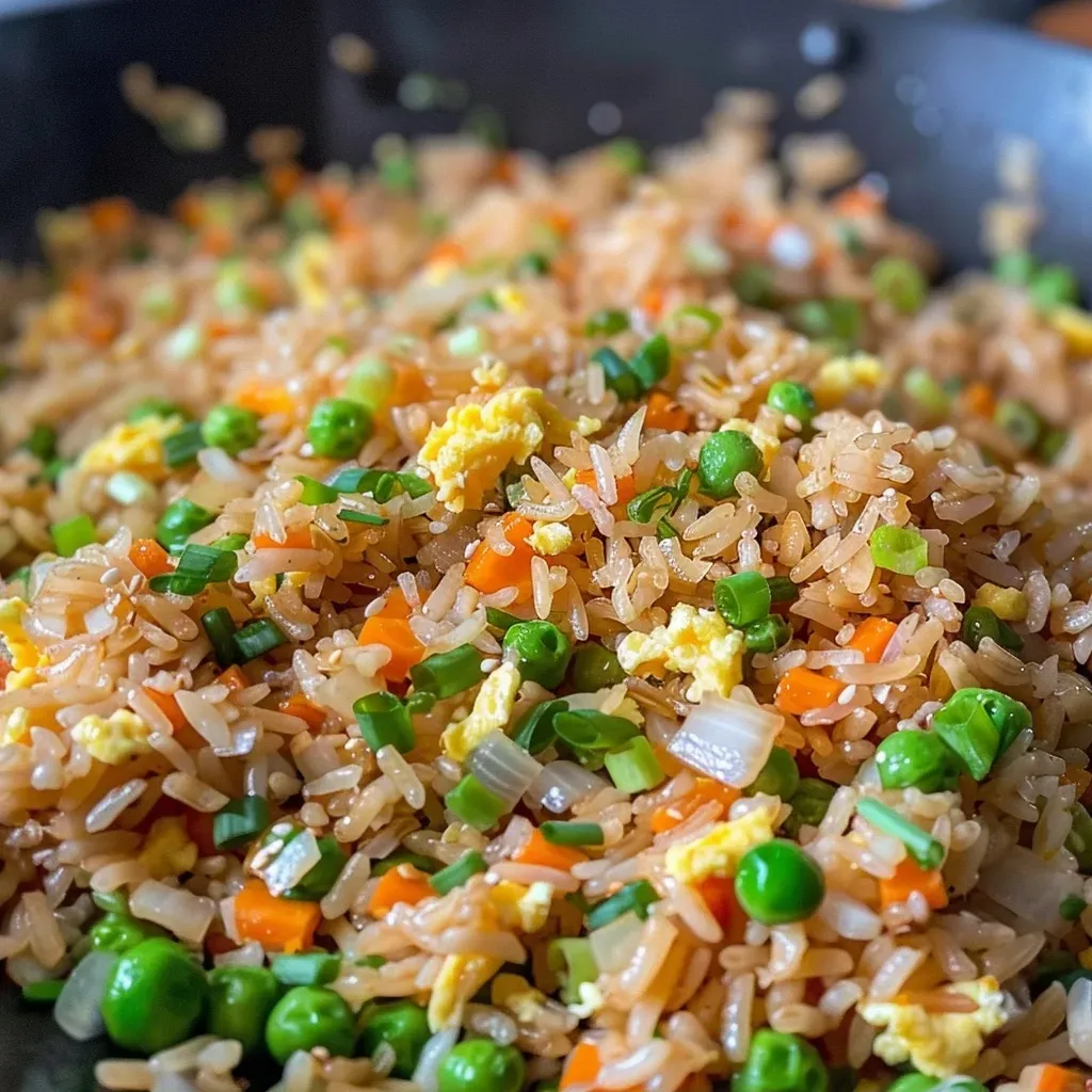 ['Close-up view of delicious fried rice featuring vegetables and eggs.', 'A side view of vibrant fried rice with peas, carrots, and green onions.', 'Juicy fried rice made with colorful ingredients, photographed from the side.', 'Detailed image of easy fried rice served in a bowl, showcasing its texture.']