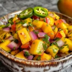 ['Close-up view of a vibrant bowl of Easy Mango Salsa.', 'Colorful mango salsa featuring diced mangoes and chopped vegetables.', 'Fresh mango salsa displayed in a bowl with diced ingredients visible.', 'Juicy mango salsa with chunks of mango, red onion, and cilantro.']
