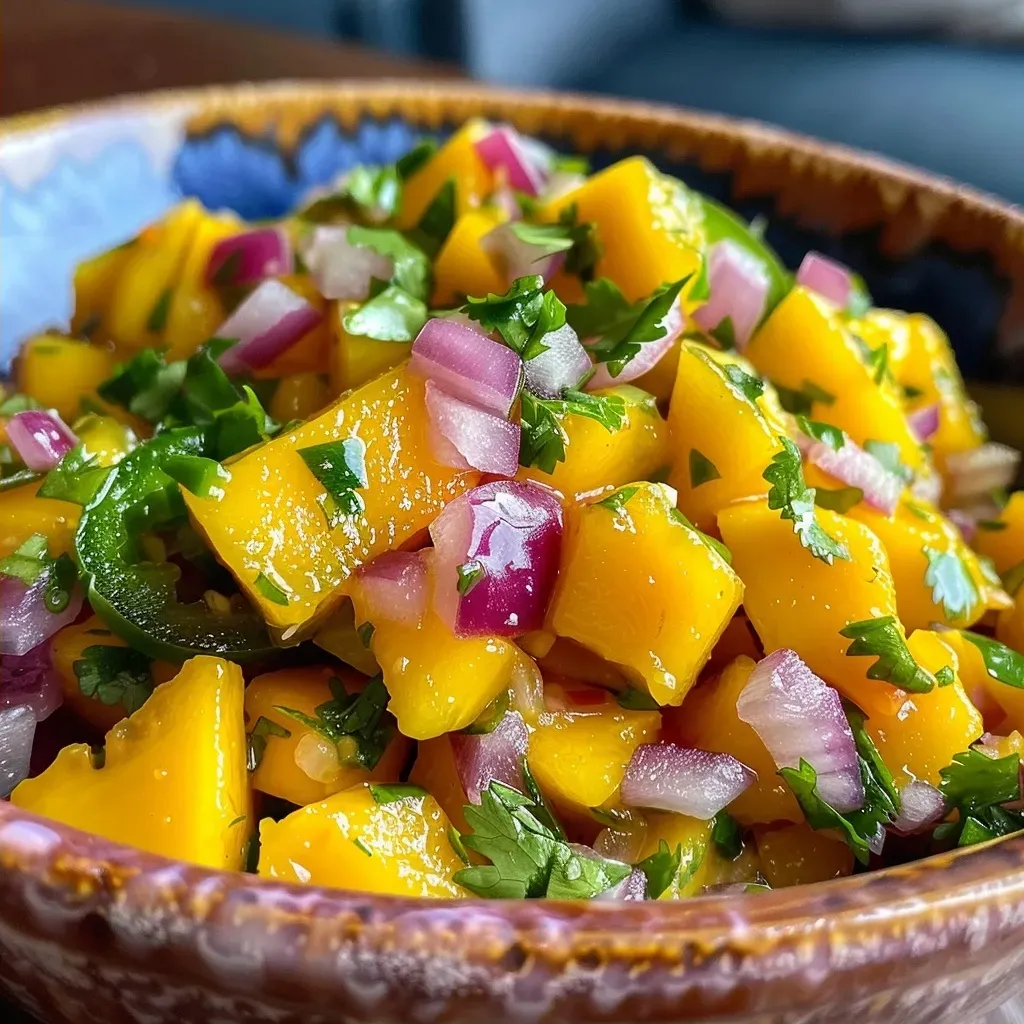 ['Close-up view of a vibrant bowl of Easy Mango Salsa.', 'Colorful mango salsa featuring diced mangoes and chopped vegetables.', 'Fresh mango salsa displayed in a bowl with diced ingredients visible.', 'Juicy mango salsa with chunks of mango, red onion, and cilantro.']