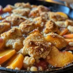 ['Close-up of a freshly baked peach cobbler in a skillet, topped with fluffy biscuits.', 'Side view of golden peach cobbler with biscuit topping, showcasing juicy peaches and a crispy crust.', 'A vibrant skillet filled with peach cobbler, featuring sliced peaches and fluffy buttermilk biscuits.', 'Appetizing peach cobbler in a cast-iron skillet, highlighting its buttery biscuit layers and juicy fruit.']