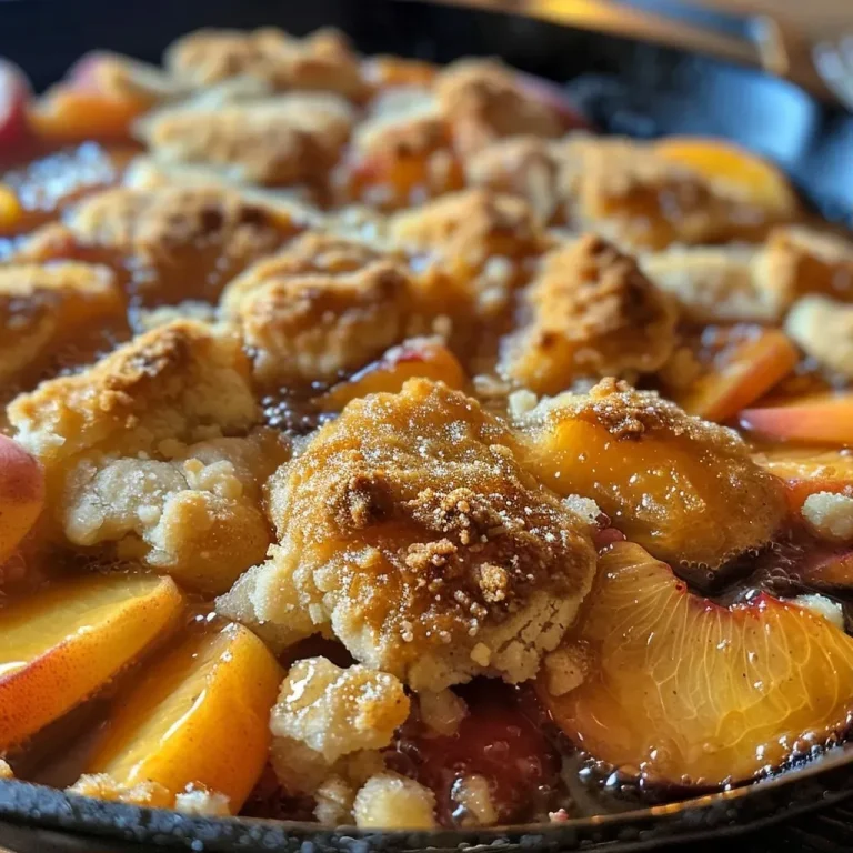 ['Close-up of a freshly baked peach cobbler in a skillet, topped with fluffy biscuits.', 'Side view of golden peach cobbler with biscuit topping, showcasing juicy peaches and a crispy crust.', 'A vibrant skillet filled with peach cobbler, featuring sliced peaches and fluffy buttermilk biscuits.', 'Appetizing peach cobbler in a cast-iron skillet, highlighting its buttery biscuit layers and juicy fruit.']