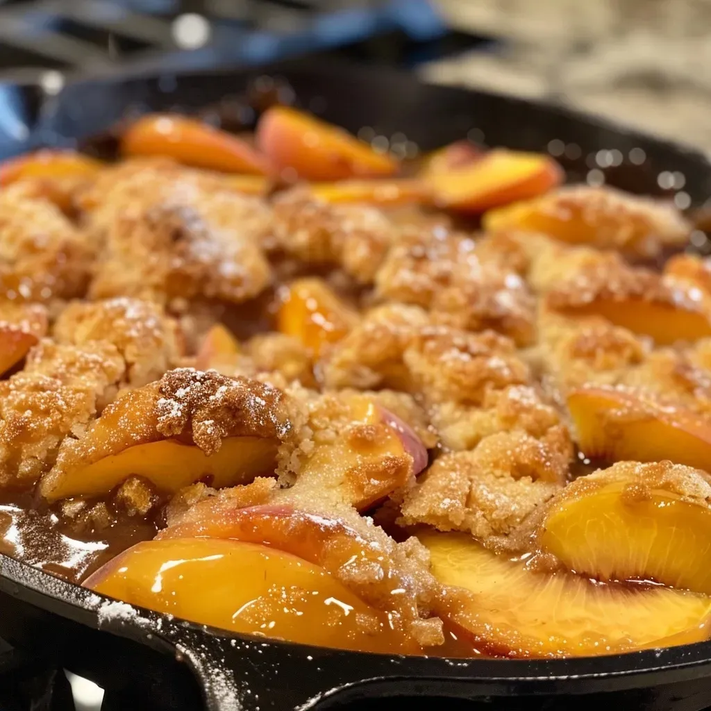 ['Close-up of a freshly baked peach cobbler in a skillet, topped with fluffy biscuits.', 'Side view of golden peach cobbler with biscuit topping, showcasing juicy peaches and a crispy crust.', 'A vibrant skillet filled with peach cobbler, featuring sliced peaches and fluffy buttermilk biscuits.', 'Appetizing peach cobbler in a cast-iron skillet, highlighting its buttery biscuit layers and juicy fruit.']
