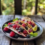 ['Close-up view of fresh berry tacos filled with colorful berries and ricotta cheese.', 'Side view of delicious fresh berry tacos with vibrant raspberries, blackberries, and blueberries.', 'Juicy fresh berry tacos showcasing a mix of berries and creamy ricotta in a soft tortilla.', 'A plate of fresh berry tacos featuring a medley of ripe berries and cheese on soft tortillas.']
