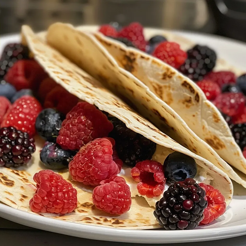 ['Close-up view of fresh berry tacos filled with colorful berries and ricotta cheese.', 'Side view of delicious fresh berry tacos with vibrant raspberries, blackberries, and blueberries.', 'Juicy fresh berry tacos showcasing a mix of berries and creamy ricotta in a soft tortilla.', 'A plate of fresh berry tacos featuring a medley of ripe berries and cheese on soft tortillas.']