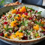 ['Close-up view of a colorful Fruity Rice Salad with vibrant ingredients.', 'Side view of a fresh Fruity Rice Salad showcasing grains, fruits, and herbs.', 'Detailed shot of a bowl filled with Fruity Rice Salad featuring diced mango and pomegranate seeds.', 'Close-up of a nutritious Fruity Rice Salad, highlighting mixed herbs and vibrant colors.']