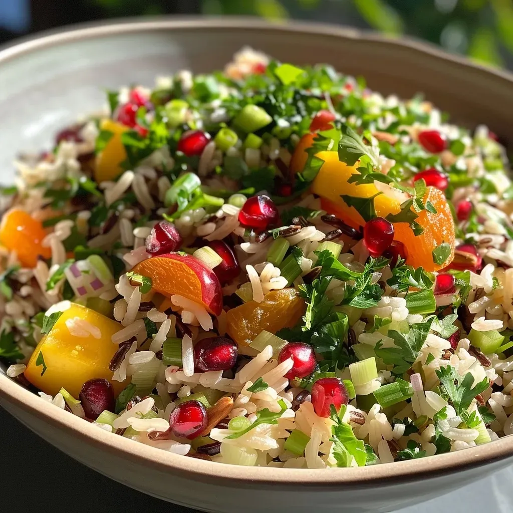 ['Close-up view of a colorful Fruity Rice Salad with vibrant ingredients.', 'Side view of a fresh Fruity Rice Salad showcasing grains, fruits, and herbs.', 'Detailed shot of a bowl filled with Fruity Rice Salad featuring diced mango and pomegranate seeds.', 'Close-up of a nutritious Fruity Rice Salad, highlighting mixed herbs and vibrant colors.']