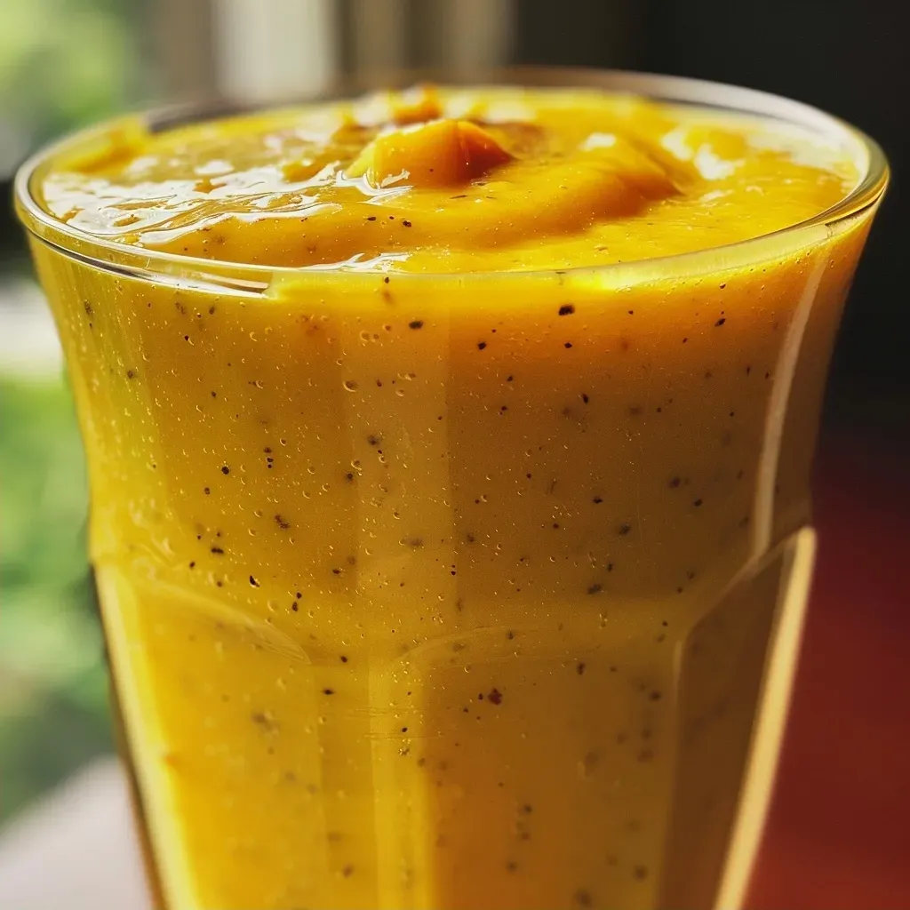 ['Close-up view of a golden mango smoothie in a glass with a straw.', 'Refreshing mango smoothie displaying a creamy texture and vibrant color.', 'Side view of a golden smoothie garnished with mango slices and ice.', 'Thick mango smoothie in a clear glass, showcasing its rich golden hue.']