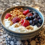 ['A colorful Greek yogurt bowl filled with fresh berries and granola.', 'Close-up of a Greek yogurt bowl topped with blueberries, raspberries, and granola.', 'A vibrant bowl of Greek yogurt with a mix of berries and a drizzle of honey.', 'Side view of a Greek yogurt berry bowl showcasing its layers and textures.']