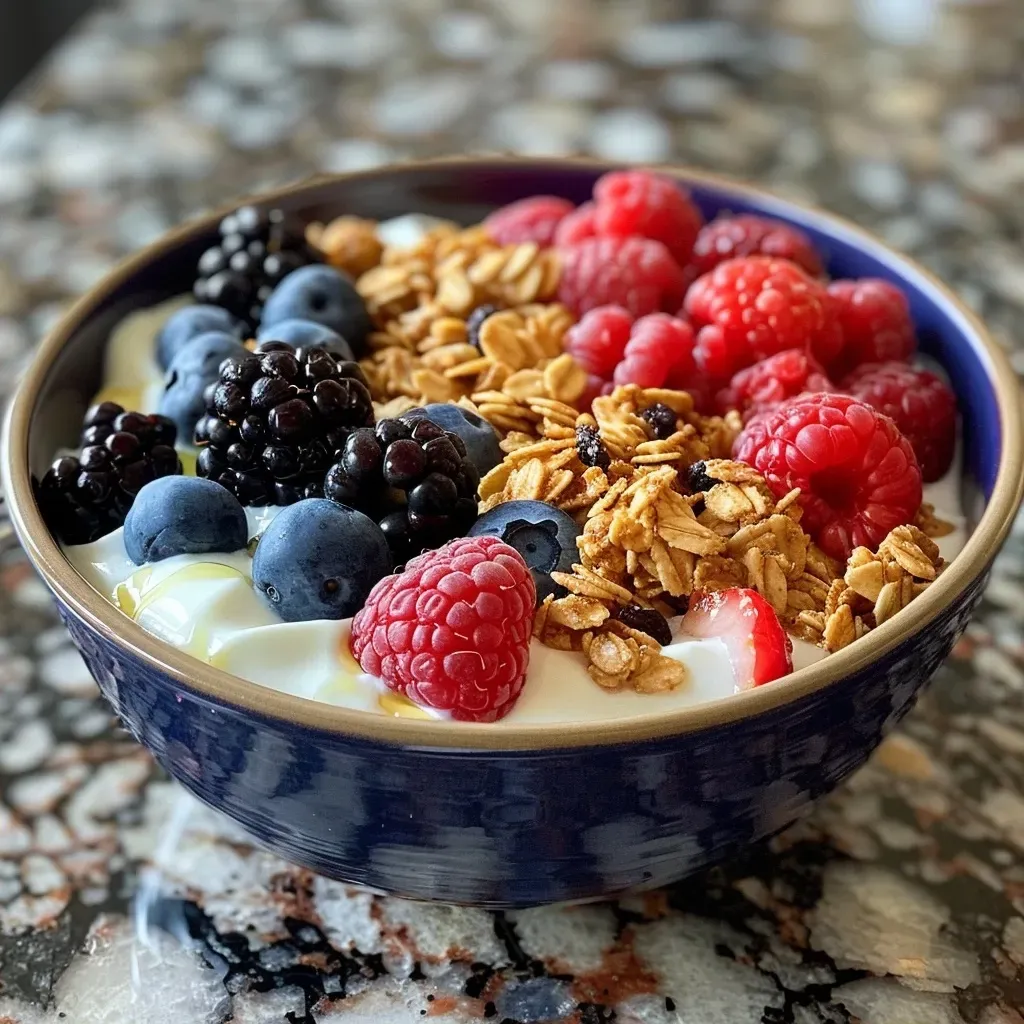 ['A colorful Greek yogurt bowl filled with fresh berries and granola.', 'Close-up of a Greek yogurt bowl topped with blueberries, raspberries, and granola.', 'A vibrant bowl of Greek yogurt with a mix of berries and a drizzle of honey.', 'Side view of a Greek yogurt berry bowl showcasing its layers and textures.']