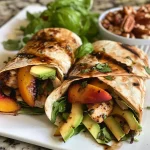 ['Close-up view of grilled chicken and peach wraps with fresh greens and avocado.', 'Side view of a grilled chicken and peach wrap filled with vibrant ingredients.', 'Juicy grilled chicken and peach wrap displayed on a plate, highlighting its colorful fillings.', 'Detailed image of a grilled chicken and peach wrap cut in half, showcasing layers of peach, greens, and avocado.']