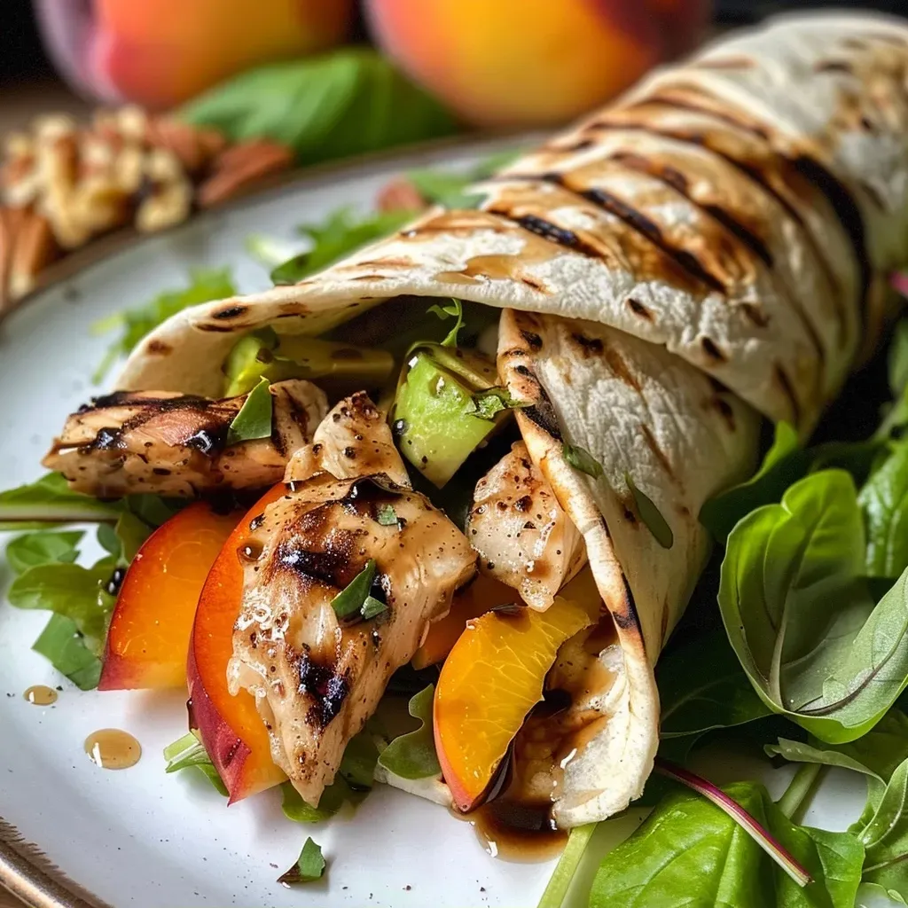 ['Close-up view of grilled chicken and peach wraps with fresh greens and avocado.', 'Side view of a grilled chicken and peach wrap filled with vibrant ingredients.', 'Juicy grilled chicken and peach wrap displayed on a plate, highlighting its colorful fillings.', 'Detailed image of a grilled chicken and peach wrap cut in half, showcasing layers of peach, greens, and avocado.']