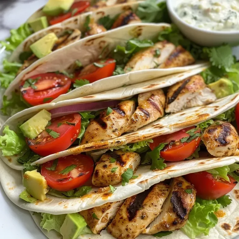 ['Juicy grilled chicken wraps filled with fresh vegetables and cheese.', 'Close-up of grilled chicken wraps showcasing vibrant ingredients.', 'Side view of delicious grilled chicken wraps with lettuce and tomatoes.', 'Colorful grilled chicken wraps with avocado and ranch dressing.']