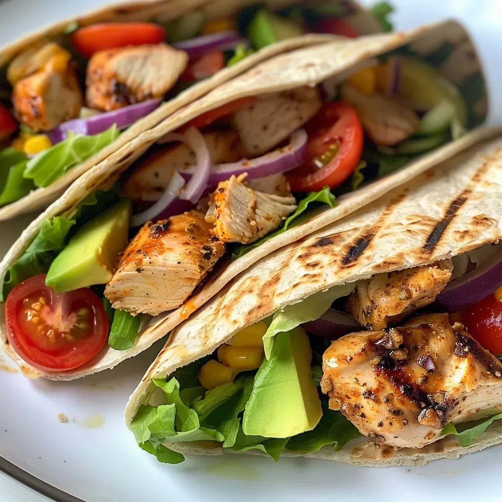 ['Juicy grilled chicken wraps filled with fresh vegetables and cheese.', 'Close-up of grilled chicken wraps showcasing vibrant ingredients.', 'Side view of delicious grilled chicken wraps with lettuce and tomatoes.', 'Colorful grilled chicken wraps with avocado and ranch dressing.']