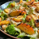 ['Close-up of grilled peach Caesar salad with vibrant romaine lettuce, croutons, and Parmesan cheese.', 'Side view of a delicious grilled peach Caesar salad, showcasing juicy peaches and crisp lettuce.', 'A detailed close-up of a Caesar salad featuring grilled peaches, croutons, and dressing.', 'Juicy grilled peaches atop a fresh Caesar salad with romaine, croutons, and Parmesan.']