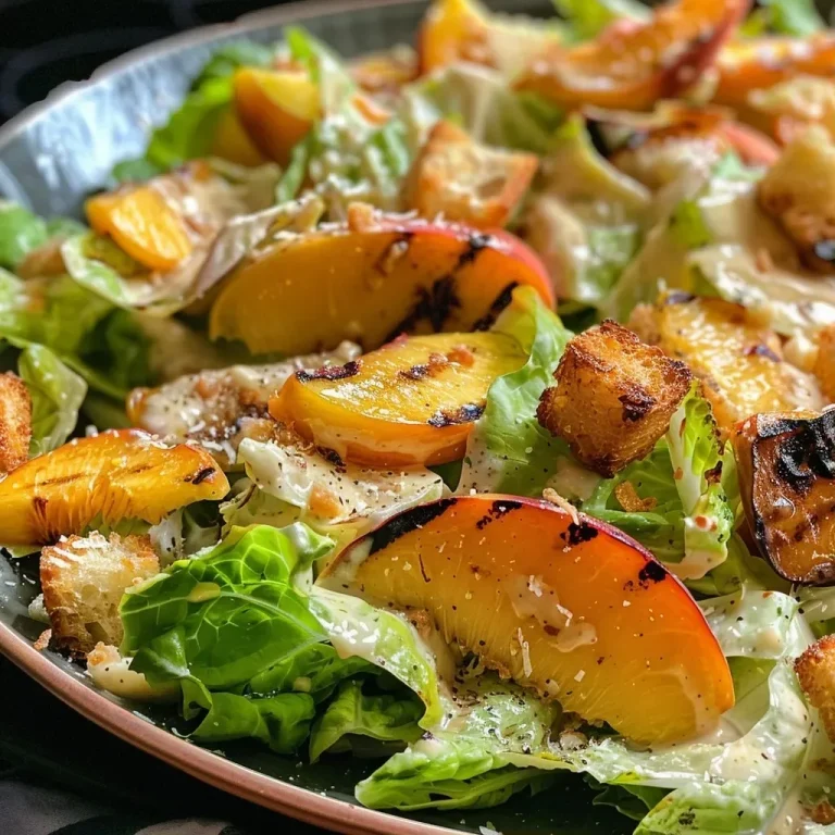 ['Close-up of grilled peach Caesar salad with vibrant romaine lettuce, croutons, and Parmesan cheese.', 'Side view of a delicious grilled peach Caesar salad, showcasing juicy peaches and crisp lettuce.', 'A detailed close-up of a Caesar salad featuring grilled peaches, croutons, and dressing.', 'Juicy grilled peaches atop a fresh Caesar salad with romaine, croutons, and Parmesan.']