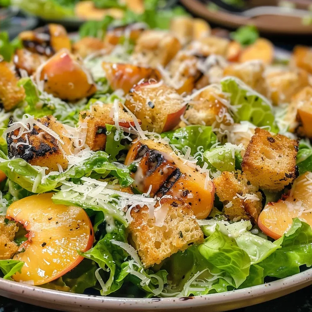 ['Close-up of grilled peach Caesar salad with vibrant romaine lettuce, croutons, and Parmesan cheese.', 'Side view of a delicious grilled peach Caesar salad, showcasing juicy peaches and crisp lettuce.', 'A detailed close-up of a Caesar salad featuring grilled peaches, croutons, and dressing.', 'Juicy grilled peaches atop a fresh Caesar salad with romaine, croutons, and Parmesan.']