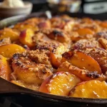 ['Close-up view of a slice of grilled peach cobbler topped with vanilla ice cream.', 'Side angle of a juicy grilled peach cobbler served with a scoop of ice cream.', 'Delicious grilled peach cobbler on a plate, garnished with ice cream and fresh peach slices.', 'Golden-brown grilled peach cobbler with a creamy ice cream scoop on top.']