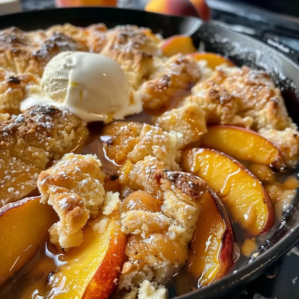 ['Close-up view of a slice of grilled peach cobbler topped with vanilla ice cream.', 'Side angle of a juicy grilled peach cobbler served with a scoop of ice cream.', 'Delicious grilled peach cobbler on a plate, garnished with ice cream and fresh peach slices.', 'Golden-brown grilled peach cobbler with a creamy ice cream scoop on top.']
