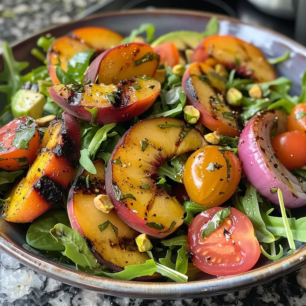['Close-up of a vibrant grilled peach salad with greens and goat cheese.', 'Side view of a colorful salad featuring grilled peaches and sliced avocado.', 'Juicy grilled peach salad topped with red onion, tomatoes, and pistachios.', 'Fresh salad with grilled peaches, leafy greens, and a basil vinaigrette.']