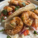 ['Juicy grilled shrimp tacos topped with fresh peach salsa and avocado slices.', 'Close-up view of shrimp tacos garnished with diced peaches, red onion, and cilantro.', 'Colorful grilled shrimp tacos filled with vibrant peach salsa on corn tortillas.', 'Tasty shrimp tacos showcasing a mix of peach salsa, avocado, and lime wedges.']