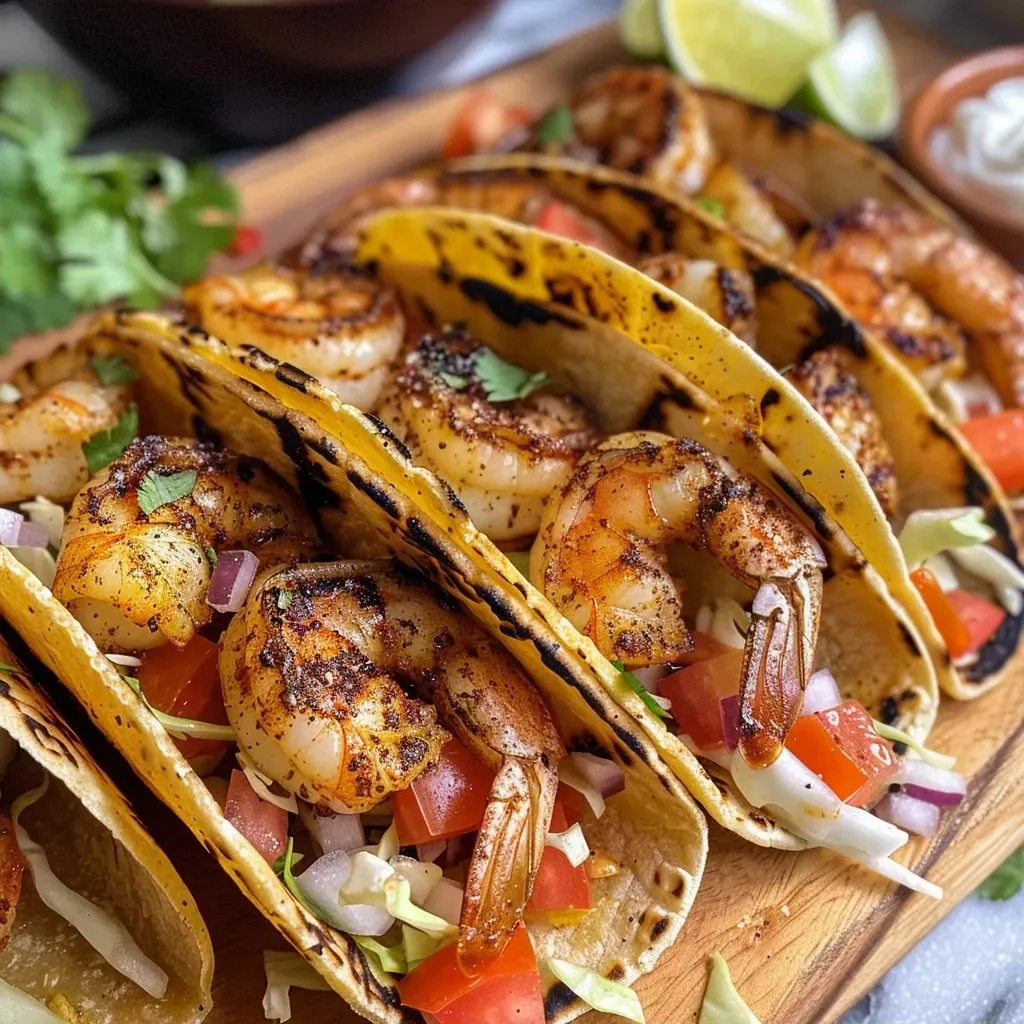 ['Juicy grilled shrimp tacos topped with fresh peach salsa and avocado slices.', 'Close-up view of shrimp tacos garnished with diced peaches, red onion, and cilantro.', 'Colorful grilled shrimp tacos filled with vibrant peach salsa on corn tortillas.', 'Tasty shrimp tacos showcasing a mix of peach salsa, avocado, and lime wedges.']