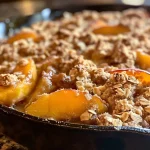 ['Close-up of a skillet filled with golden-brown peach crisp topped with oats and cinnamon.', 'Side view of a deliciously baked peach crisp in a skillet, showcasing juicy peaches and a crunchy topping.', 'A mouthwatering healthier skillet peach crisp in a cast-iron skillet, emphasizing the rustic presentation.', 'Juicy peach crisp with a crumbly oat topping, displayed in a skillet, ready to be served.']