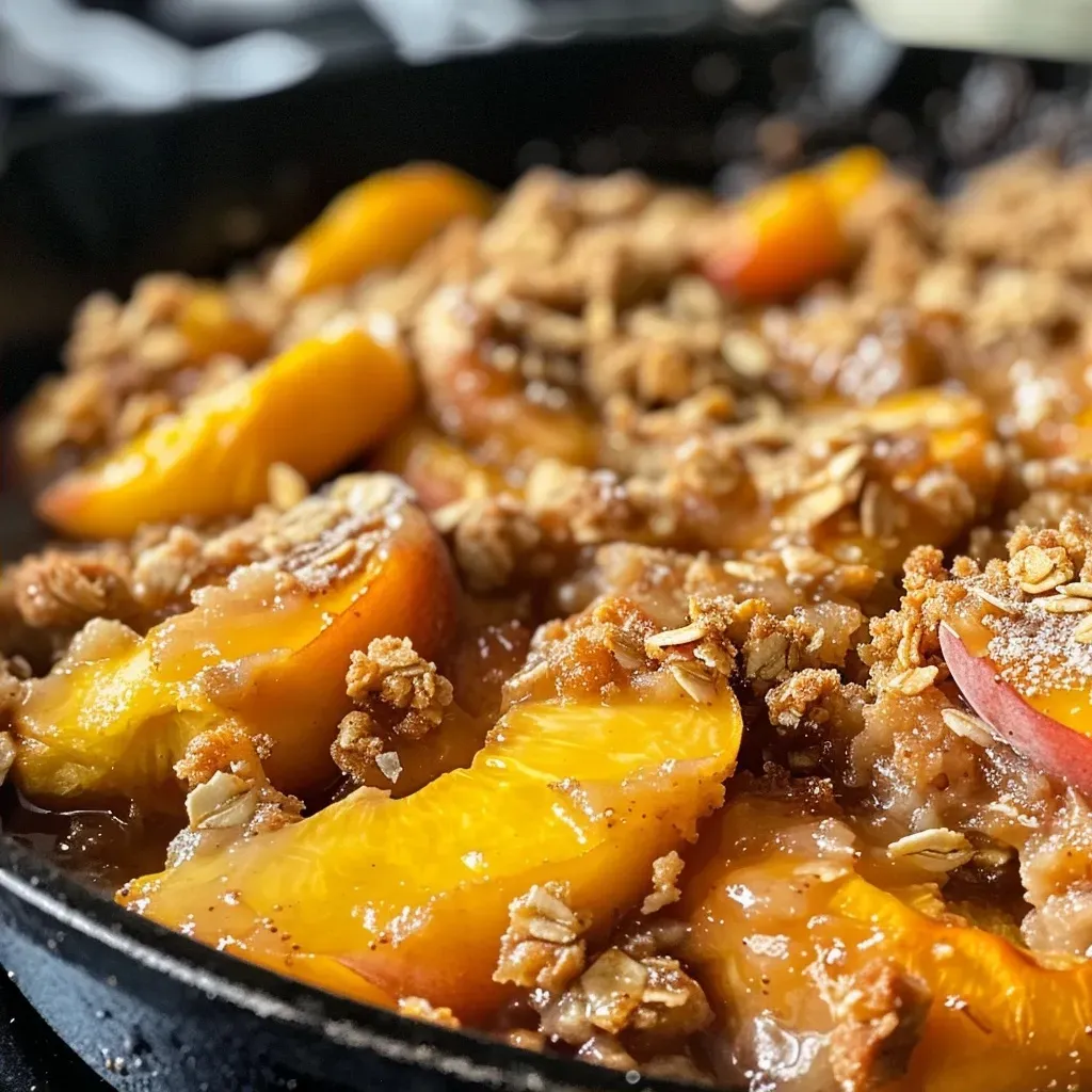 ['Close-up of a skillet filled with golden-brown peach crisp topped with oats and cinnamon.', 'Side view of a deliciously baked peach crisp in a skillet, showcasing juicy peaches and a crunchy topping.', 'A mouthwatering healthier skillet peach crisp in a cast-iron skillet, emphasizing the rustic presentation.', 'Juicy peach crisp with a crumbly oat topping, displayed in a skillet, ready to be served.']