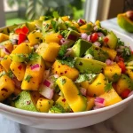 ['A vibrant healthy mango salad with fresh chopped ingredients in a bowl.', 'Close-up view of a colorful mango salad featuring mango, avocado, and red peppers.', 'A fresh mango salad with a variety of chopped vegetables and garnished with lime.', 'Juicy mango salad with avocado and colorful veggies being served in a bowl.']